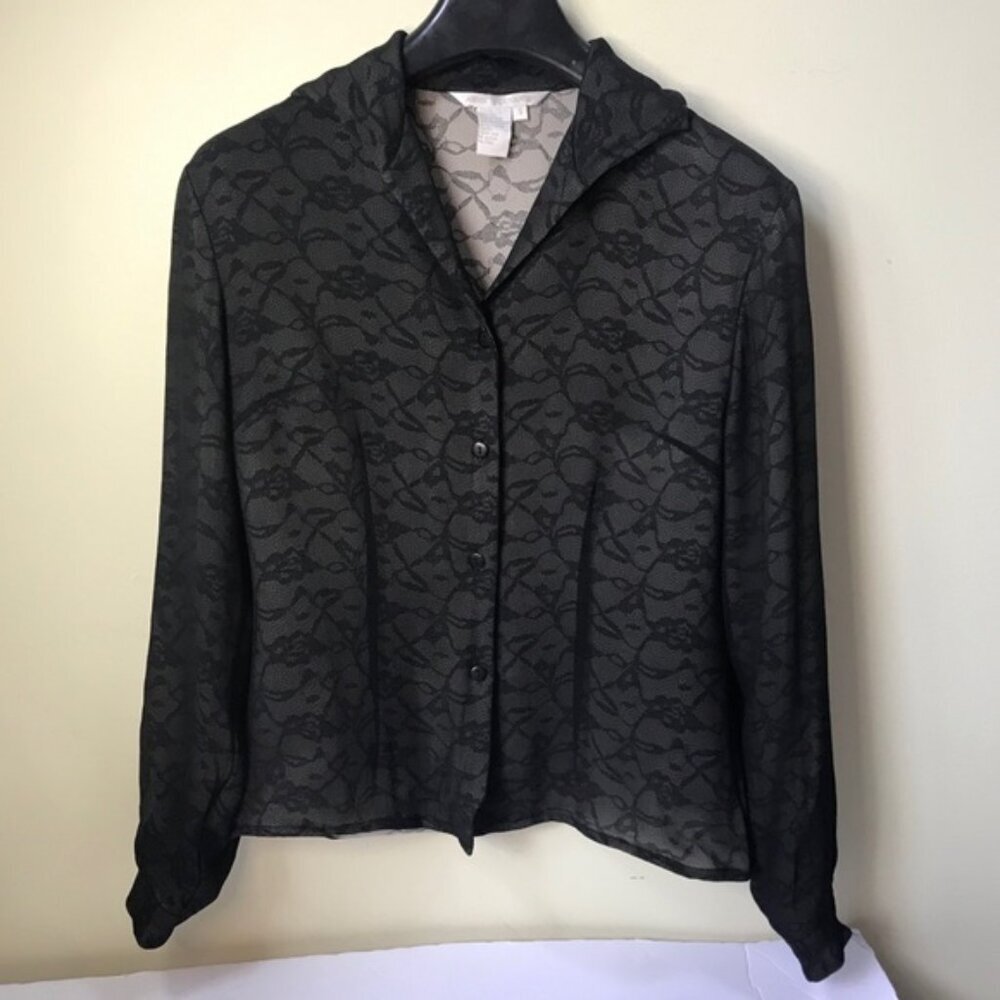 Annie Alexander Silk Lace Print Shirt Blouse Top Neutral Button Graphic Light S